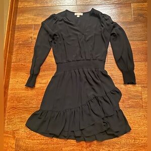 little black dress! Michael Kors, faux wrap, ruffle detail hook closer vneck M